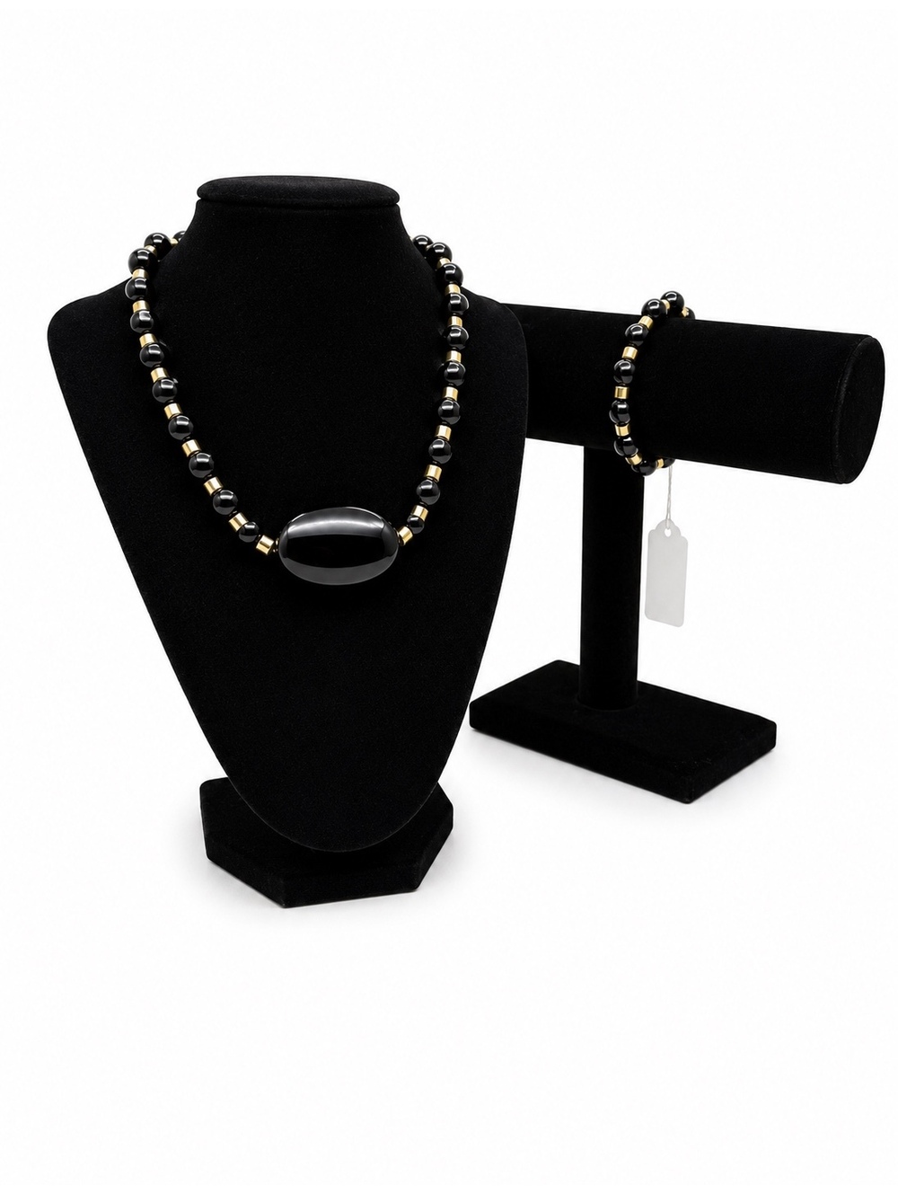 Jewelry By GG Black & Gold Onyx & Pyrite 8" Beaded Necklace & 3.5" Bracelet Set